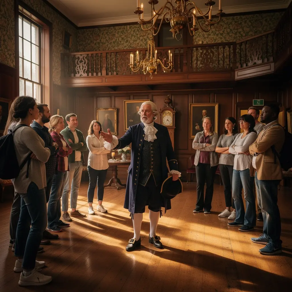 Фасад старинного отеля, окруженного живописным ландшафтом и деревьями.